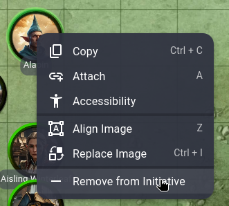 A token with its context menu open and the 'Remove from Initiative entry highlighted'