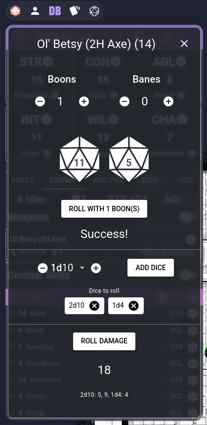 Screenshot of the extension displaying a weapon roll